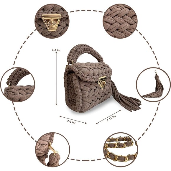 Women's Grey Handmade Crochet Evening Small Formal Flap Crossbody Clutch Bag - Picture 5 of 6